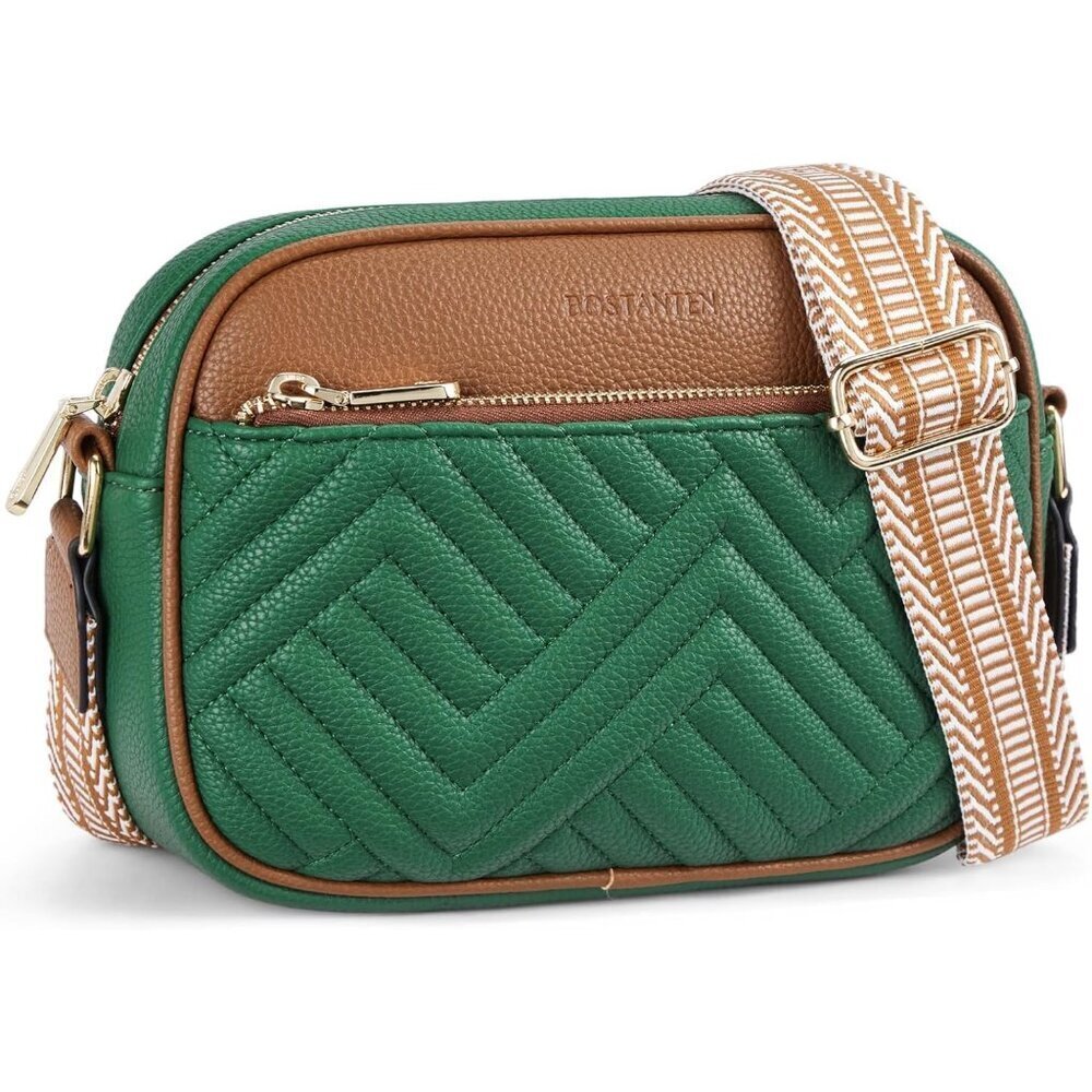 Bostanten Women Green PU leather Small Quilted Crossbody Bags With Wide Strap